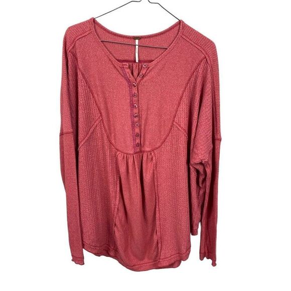 Free People Womens Leo Oversized Henley Top Waffle Knit Thermal Rose - Picture 2 of 8